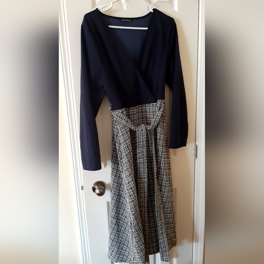 BloomChic Navy Top with Black & White Tweed Skirt Dress